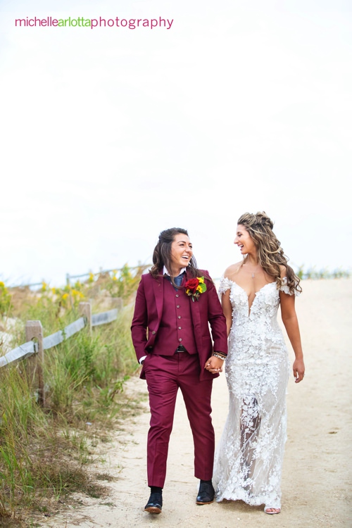 Gables LBI Fall same sex NJ wedding bride portraits burgundy suit and dress