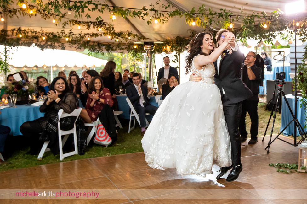 New Jersey backyard wedding tented reception bride and groom first dance hop across dance floor