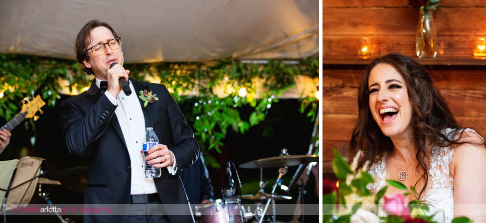 New Jersey backyard wedding tented reception groom sings to bride