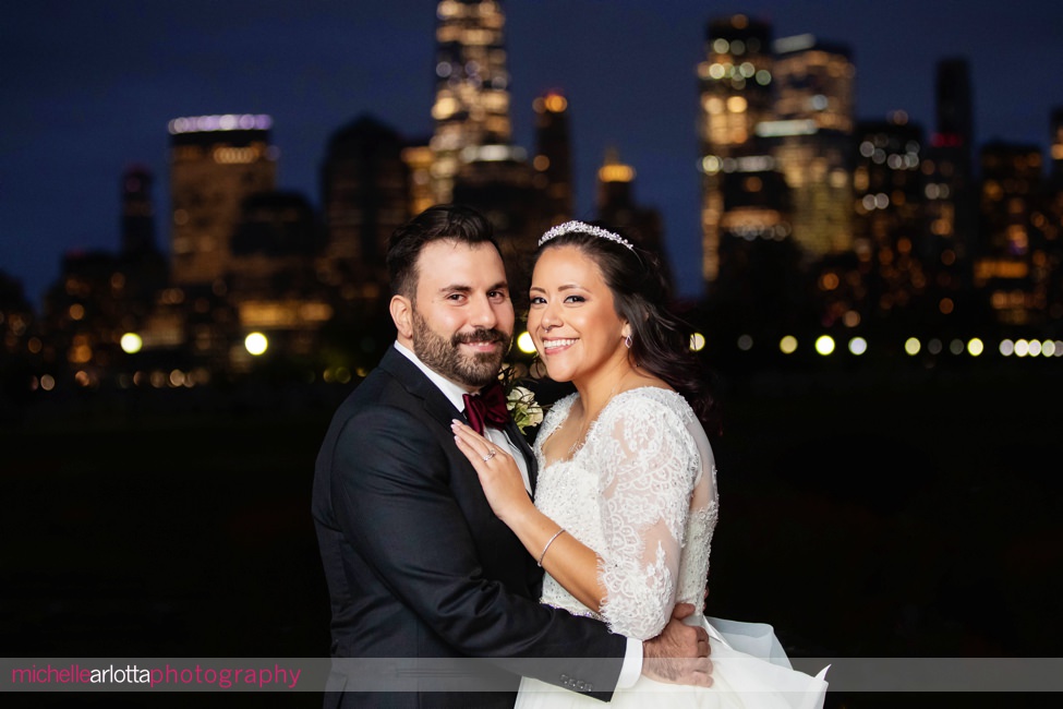 Liberty House intimate NJ Wedding bride and groom portrait with nighttime nyc skyline