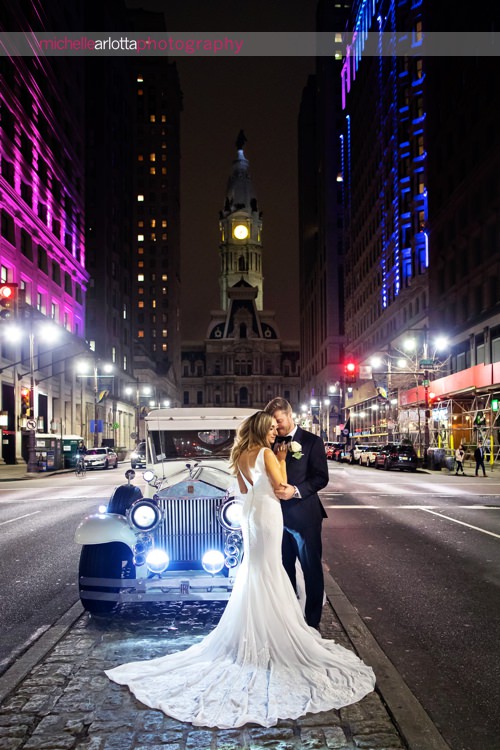 The Notary Hotel Pennsylvania wedding bride and groom night photo in front of city hall