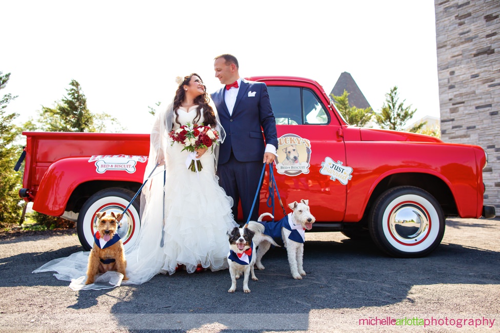 Renault Winery Summer Wedding bride and groom portrait with dogs and classic red truck