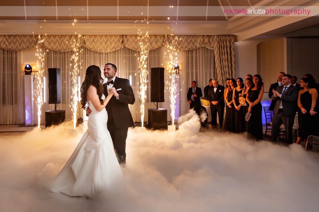 Edgewood Country Club wedding NJ reception first dance with fog and sparklers
