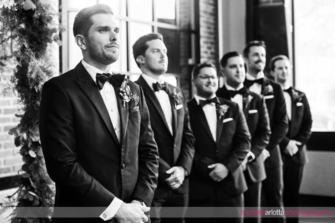 jersey city indoor wedding ceremony groom watches bride walk down aisle