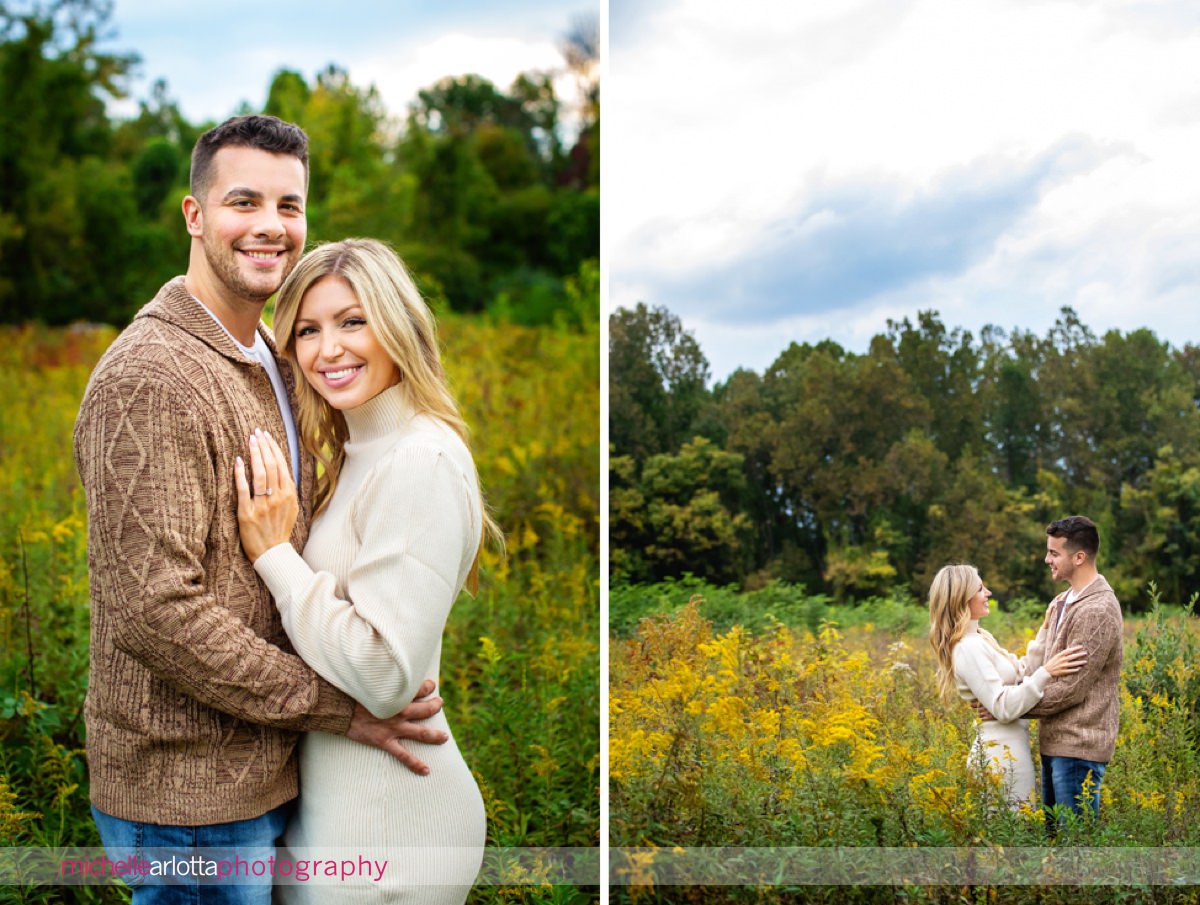 Frenchtown Fall mini engagement session couple walking among the goldenrod in nj