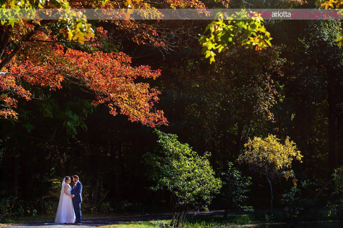 Pat's 30 acres NJ wedding bride and groom portrait fall foliage