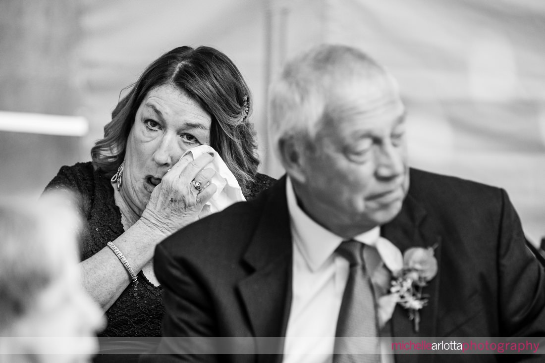 Pat's 30 acres wedding NJ tented reception mother of the groom cries during toasts