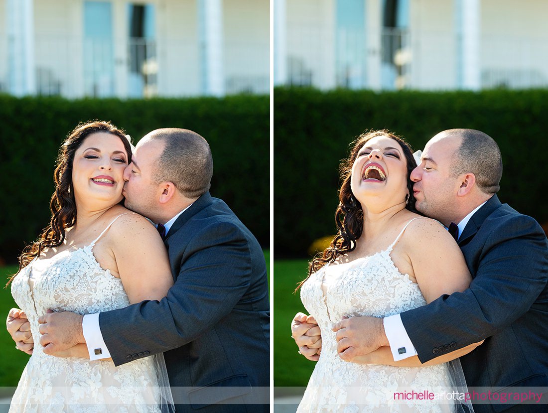 The Breakers by the ocean nj wedding bride and groom laughing portraits