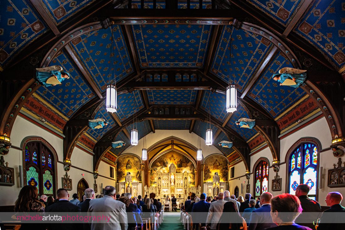 St Peter's Roman Catholic Church point pleasant beach nj wedding ceremony wide shot of church with blue ceiling detail