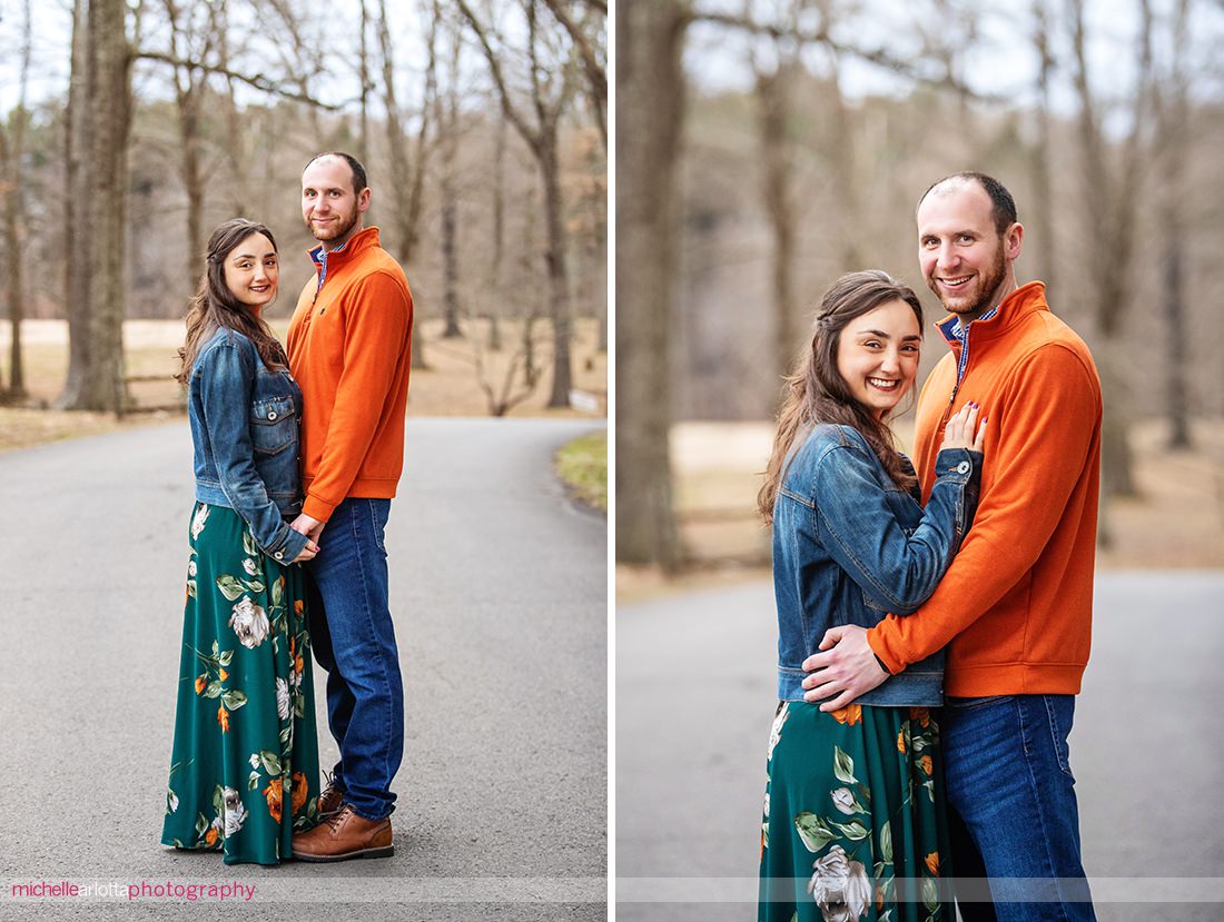 Tinicum Park mini engagement session green floral print dress with orange accents