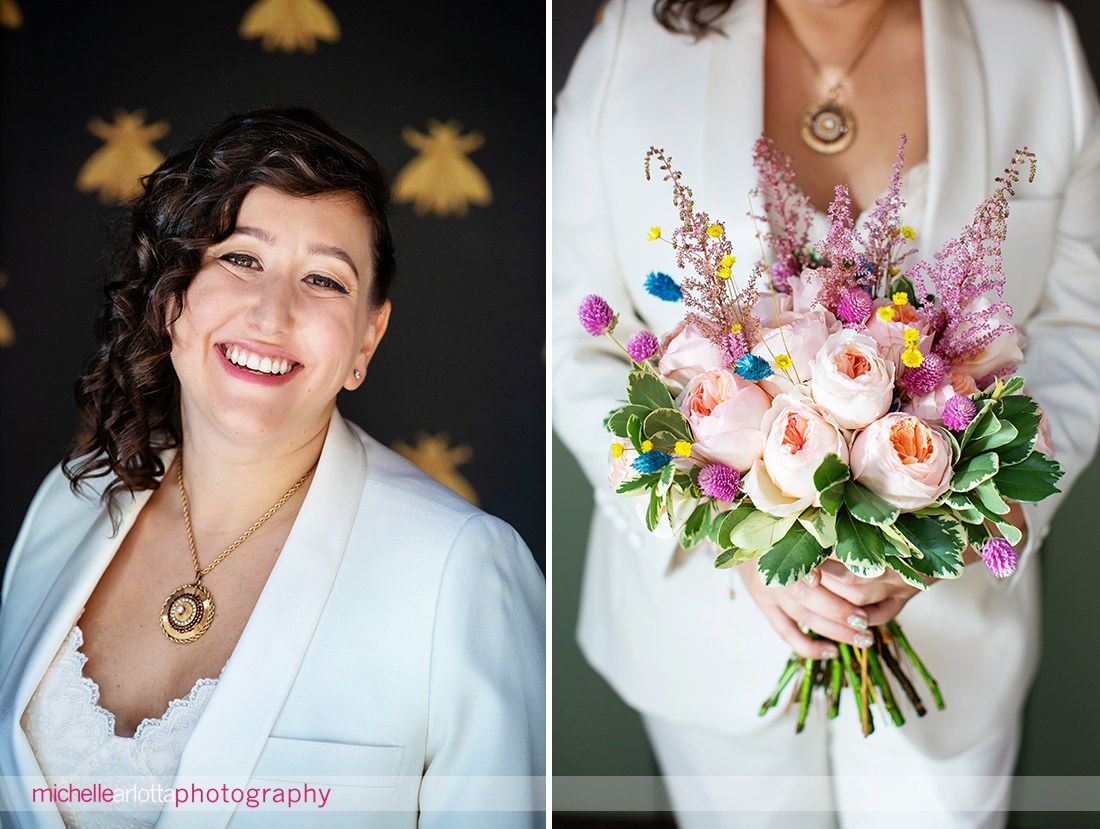 bride in Bindle and Keep suit portraits at Grateful Woods Kerhonkson NY Airbnb