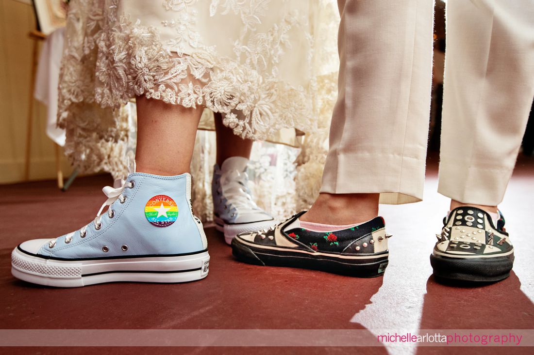 brides show off their colorful shoes at Hudson Valley NY wedding