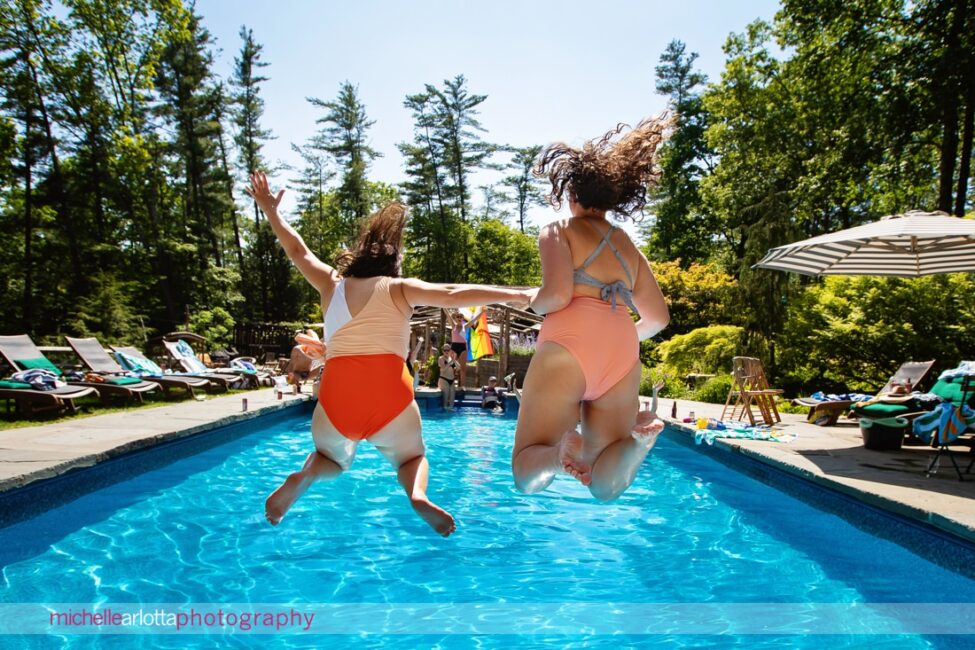 Grateful Woods AirBNB kerhonkson New York after wedding pool party two brides jumping into pool