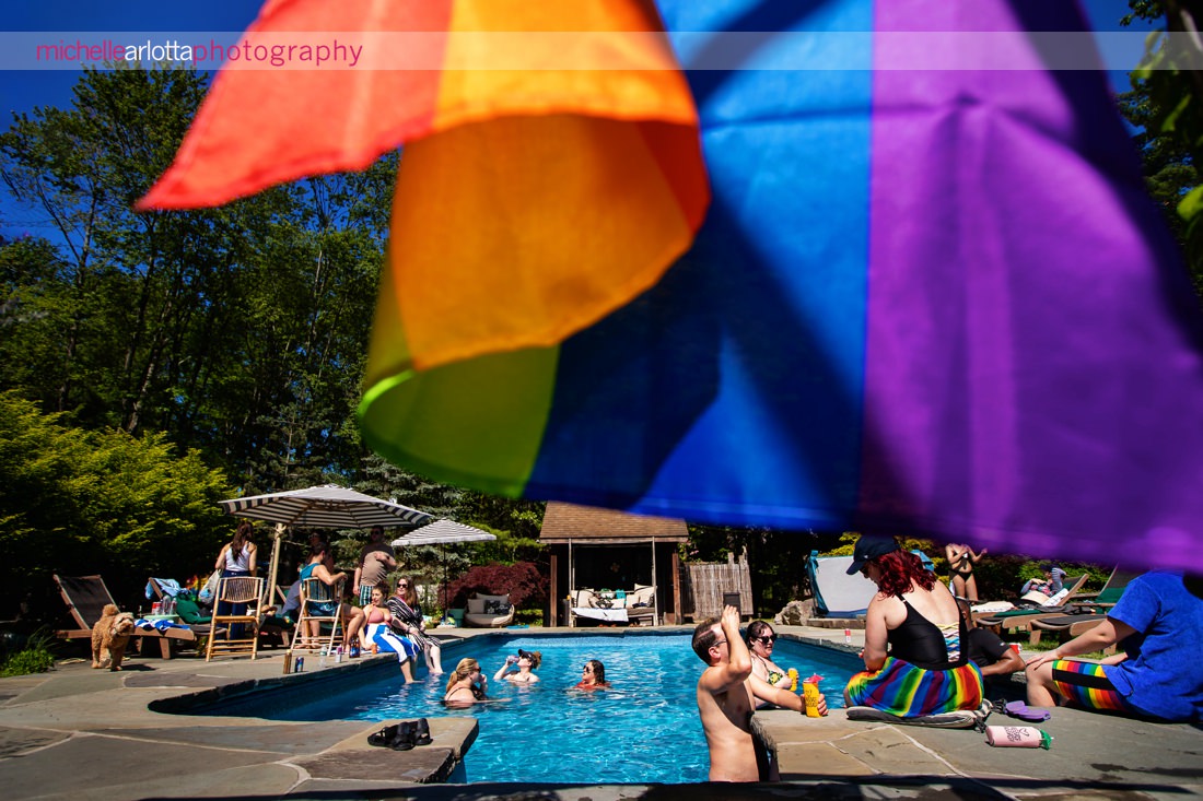 Grateful Woods AirBNB kerhonkson New York after wedding pool party with LGQBTIA rainbow flag