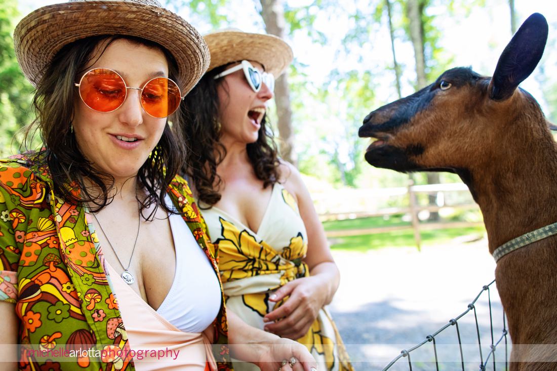 same sex engagement session at Grateful Woods Kerhonkson NY with goats