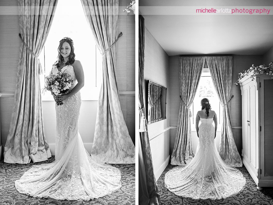 Black and white portrait of bride from behind and front at Landmark Venues The Farmhouse NJ summer wedding