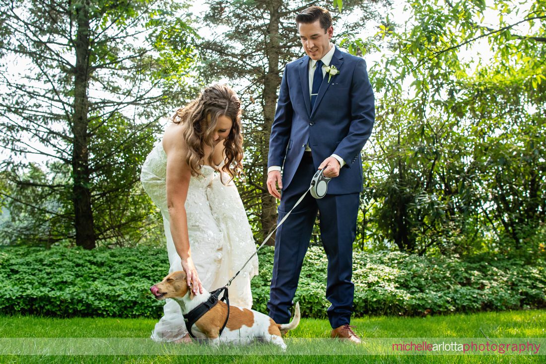 bride and groom portrait with little dog at The Farmhouse NJ summer wedding