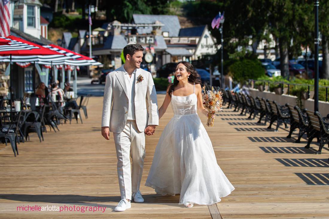 Lake Mohawk Country Club New Jersey bride and groom portrait on boardwalk