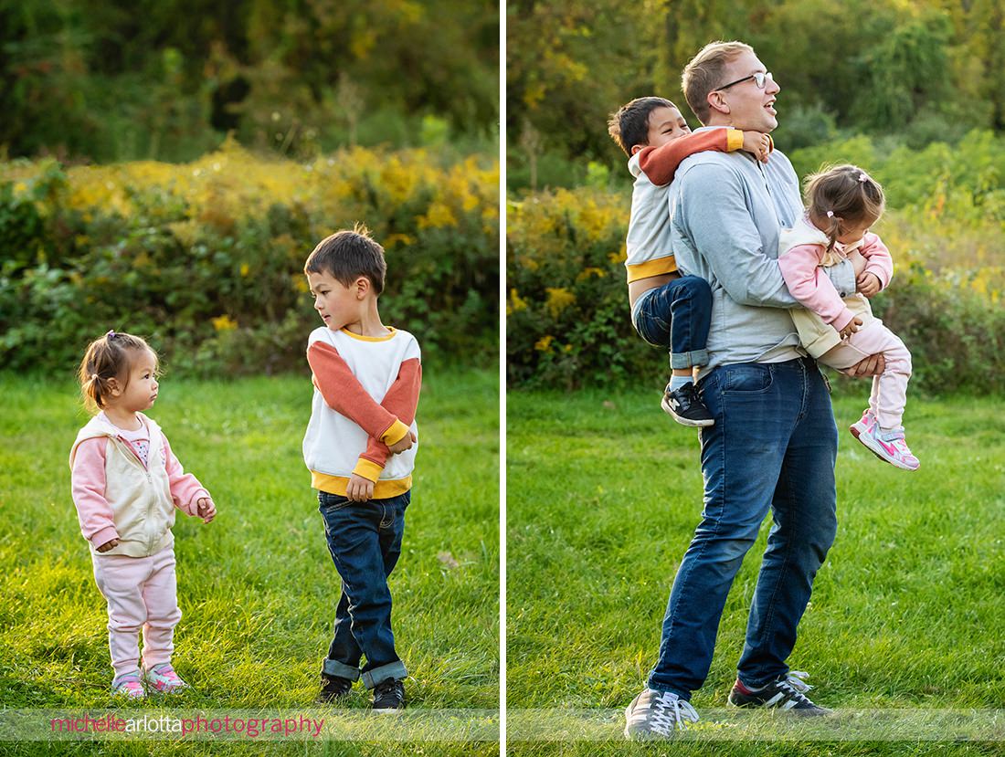 Hunterdon County NJ Mini Family Session sn and daughter hang off of dad