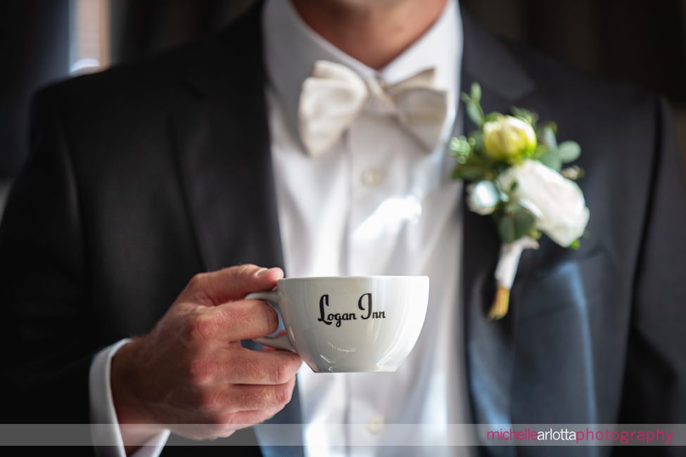 Logan Inn coffee cup wedding groom prep