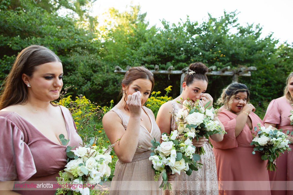 Bowman's Hill Wildflower Preserve New Hope PA wedding ceremony bridesmaids all wiping tears in pink dresses