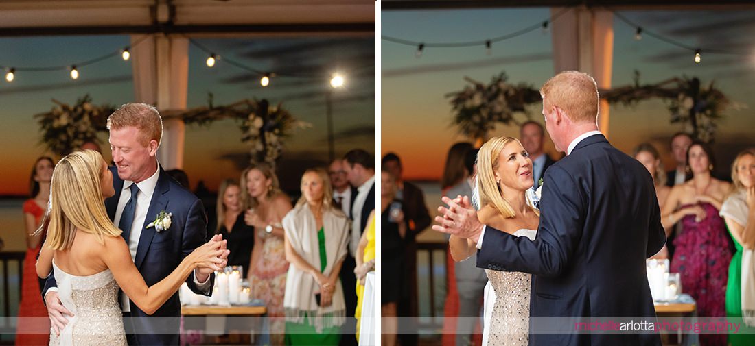 Parker's Garage LBI NJ wedding reception bride and groom first dance with sun setting in background