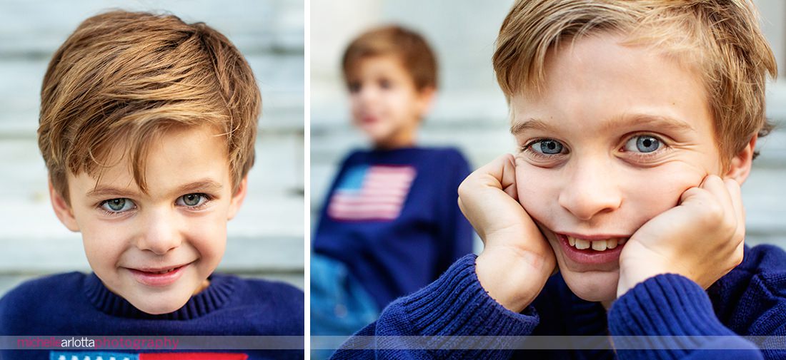 brothers in Polo American flag sweaters on stairs at Princeton university family photo session