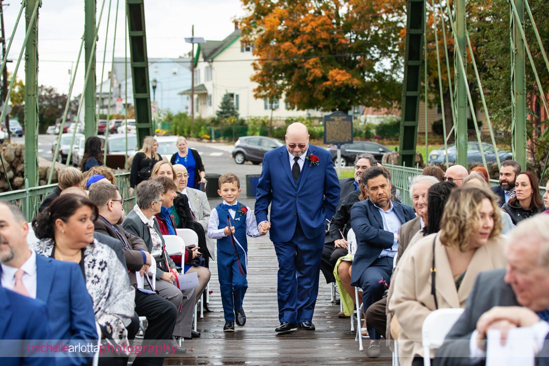 Nevius Street Bridge NJ wedding ceremony groom walking down aisle with son
