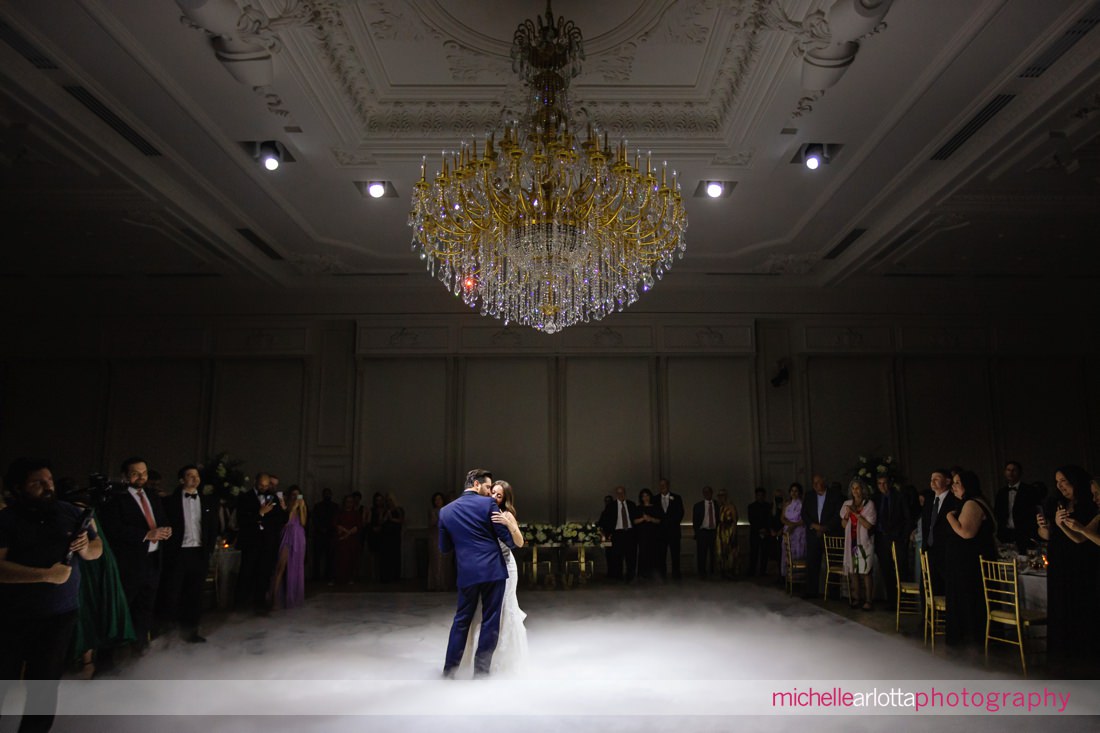 bride and groom during first dance amongst fog at the estate at Florentine gardens in nj