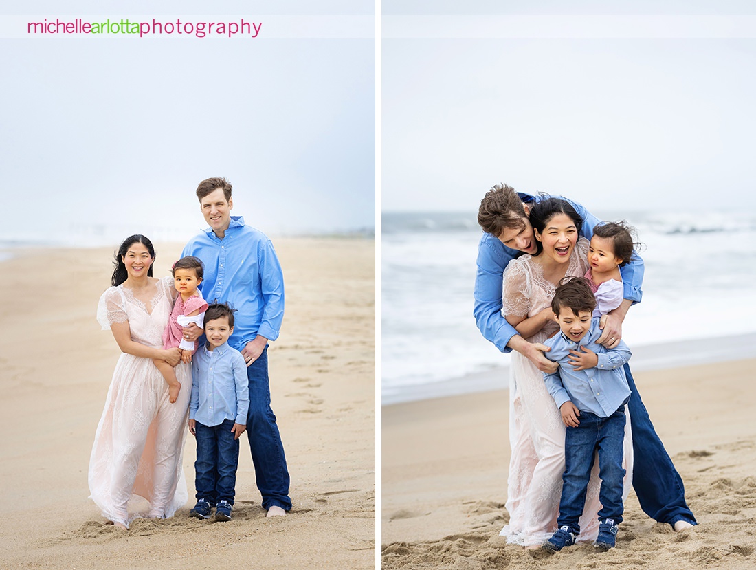 family portrait of mother, father, daughter and son on beach in Asbury Park, New Jersey