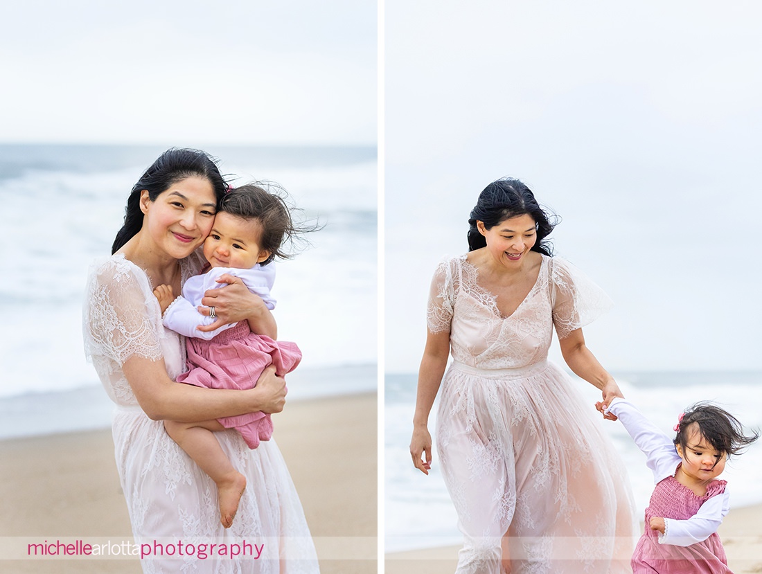 mother and daughter in pink on the beach in Asbury Park, NJ family portrait session