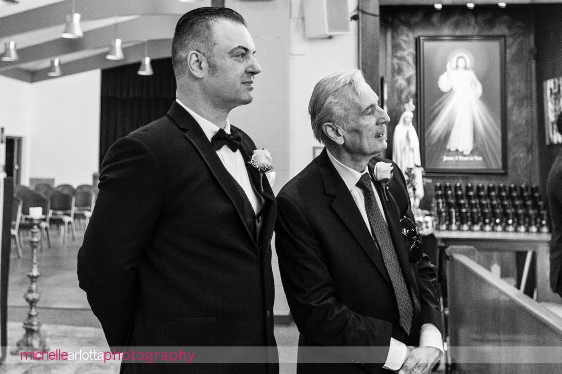 church of the infant savior pine bush NY wedding groom watching bride walk down aisle 