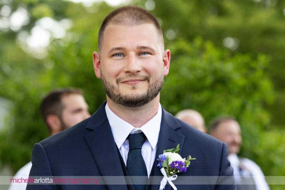 South Jersey Backyard wedding groom watches bride walk down the aisle