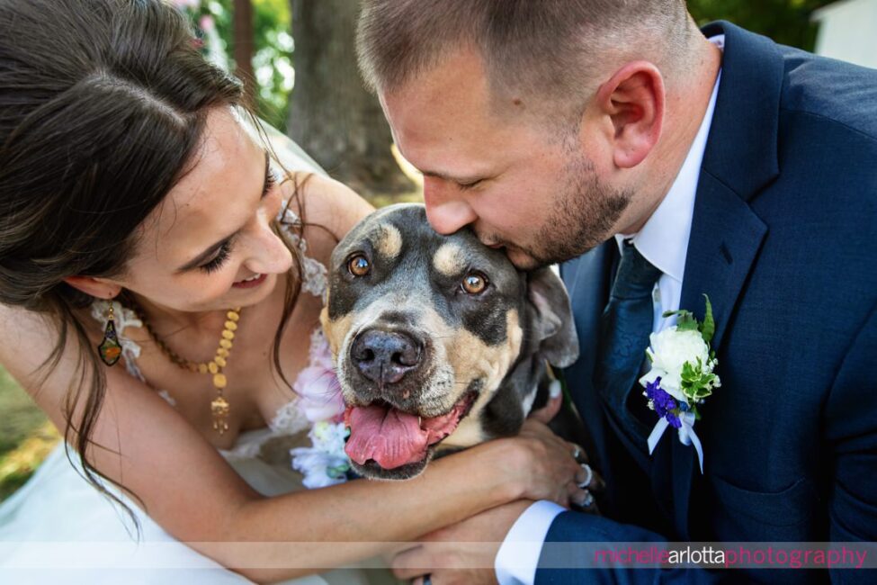 South Jersey Hammonton Summer Backyard wedding bride and groom with dog