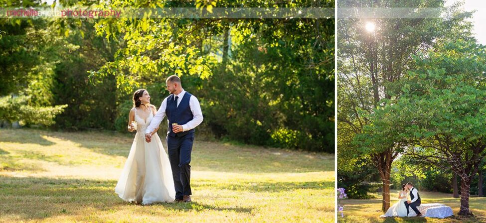 South Jersey Hammonton Summer Backyard wedding reception bride and groom walking and sitting with a drink