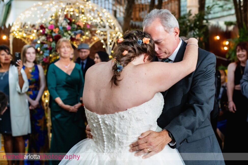 late fall outdoor garden wedding reception two brides share dances with their fathers at LBI NJ wedding