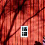 couple embraces in front of red barn in upper bucks county pa with shadow of tree during engagement session