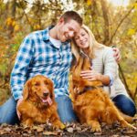 NJ fall engagement photos with two dogs