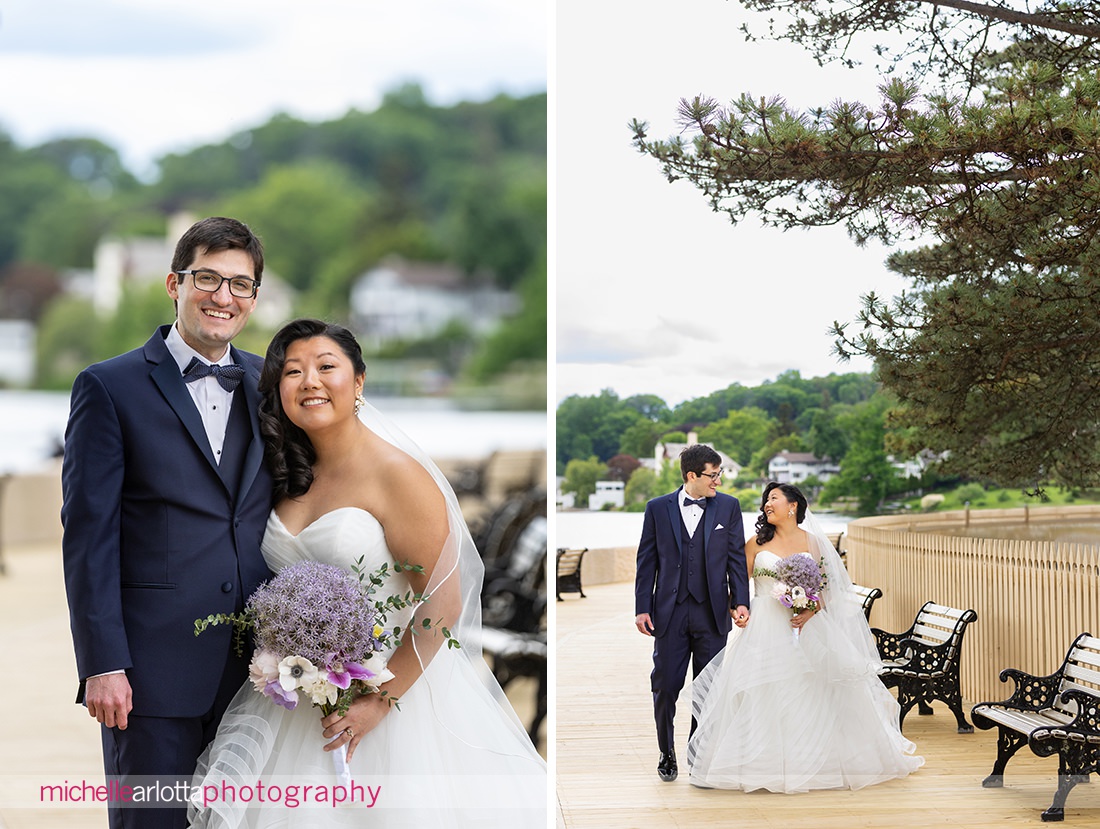 Lake Mohawk Country Club New Jersey Spring lakeside wedding portraits on boardwalk