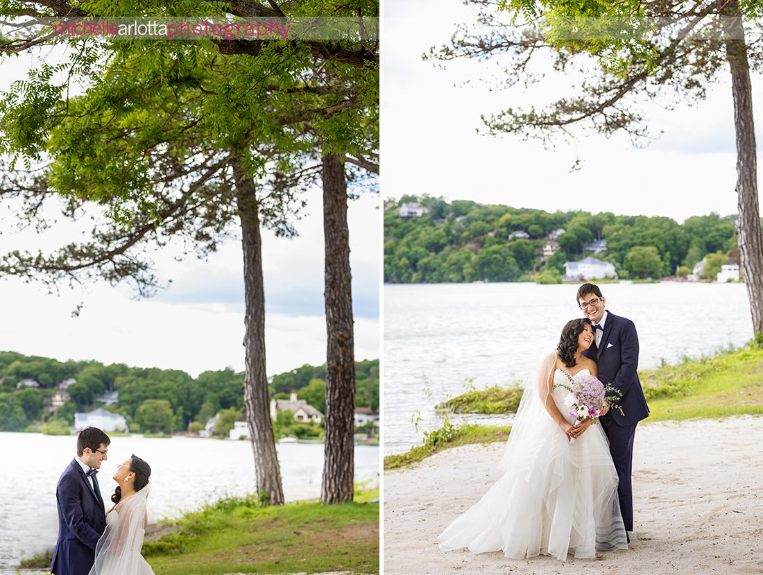 Lake Mohawk Country Club Spring lakeside wedding portraits of bride and groom in Sussex county NJ