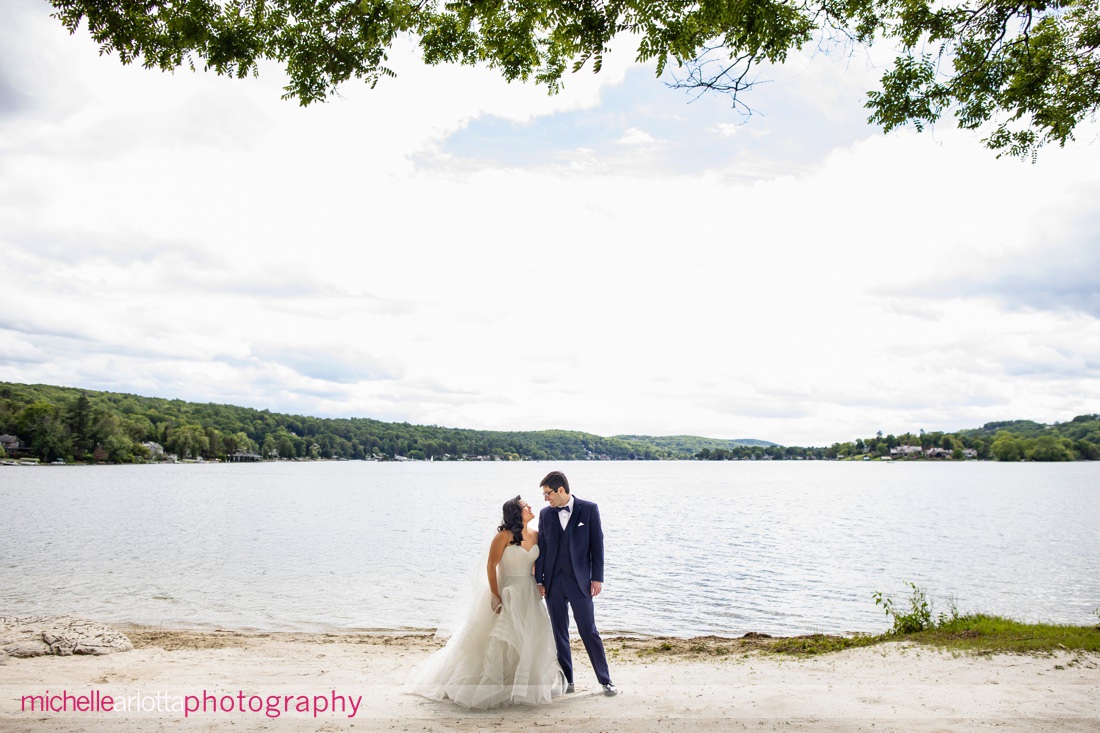 Lake Mohawk Country Club Spring lakeside wedding portraits on the beach