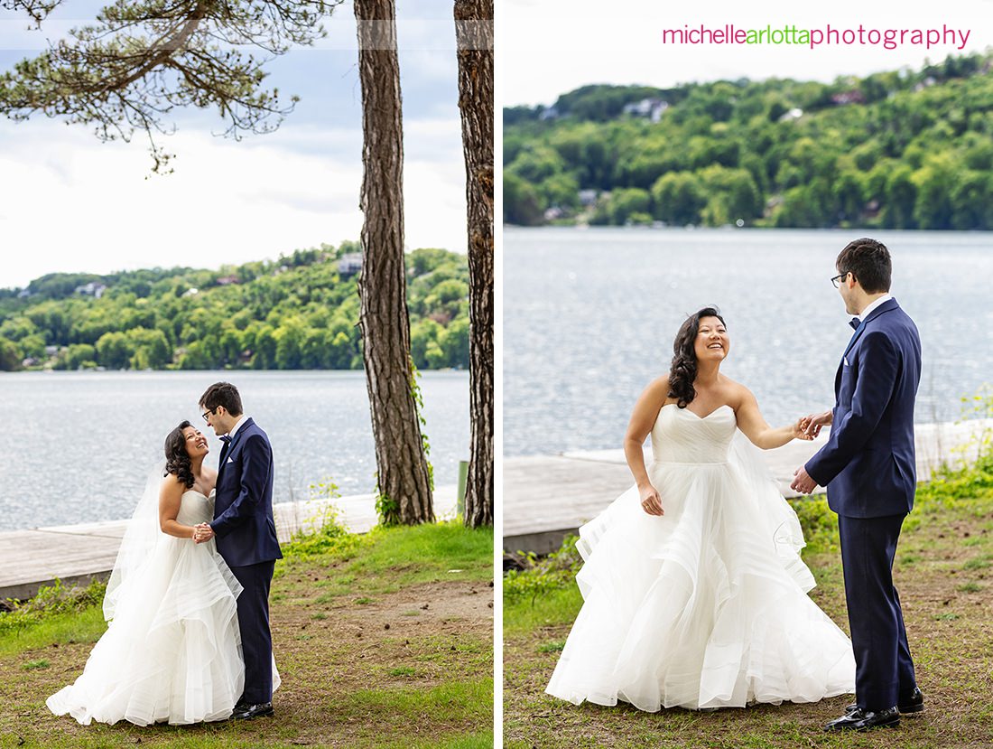 Lake Mohawk Country Club Spring lakeside wedding portraits of bride and groom in Sussex county NJ