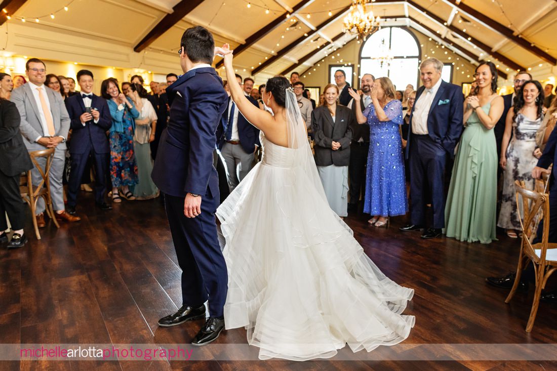 bride and groom first dance Lake Mohawk Country Club spring lakeside wedding reception NJ