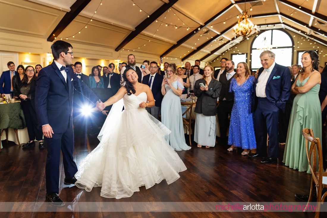 bride and groom first danceLake Mohawk Country Club spring lakeside wedding reception NJ