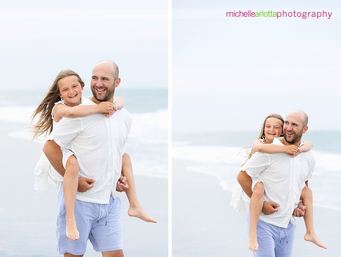 Harvey Cedars LBI daughter riding piggyback with her father during family beach photo session