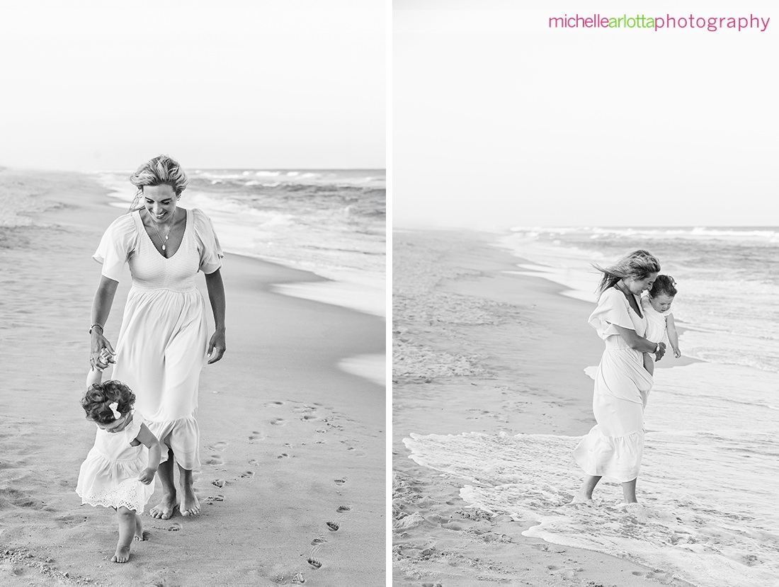 black and white photo of mother and toddler on beach in LBI New Jersey