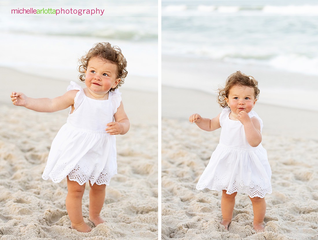 toddler in white dress on the beach in Beach Haven, Long Beach Island NJ