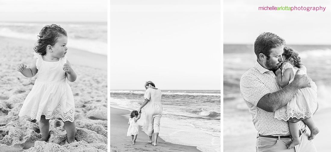 black and white photo of mother and toddler on beach in LBI New Jersey