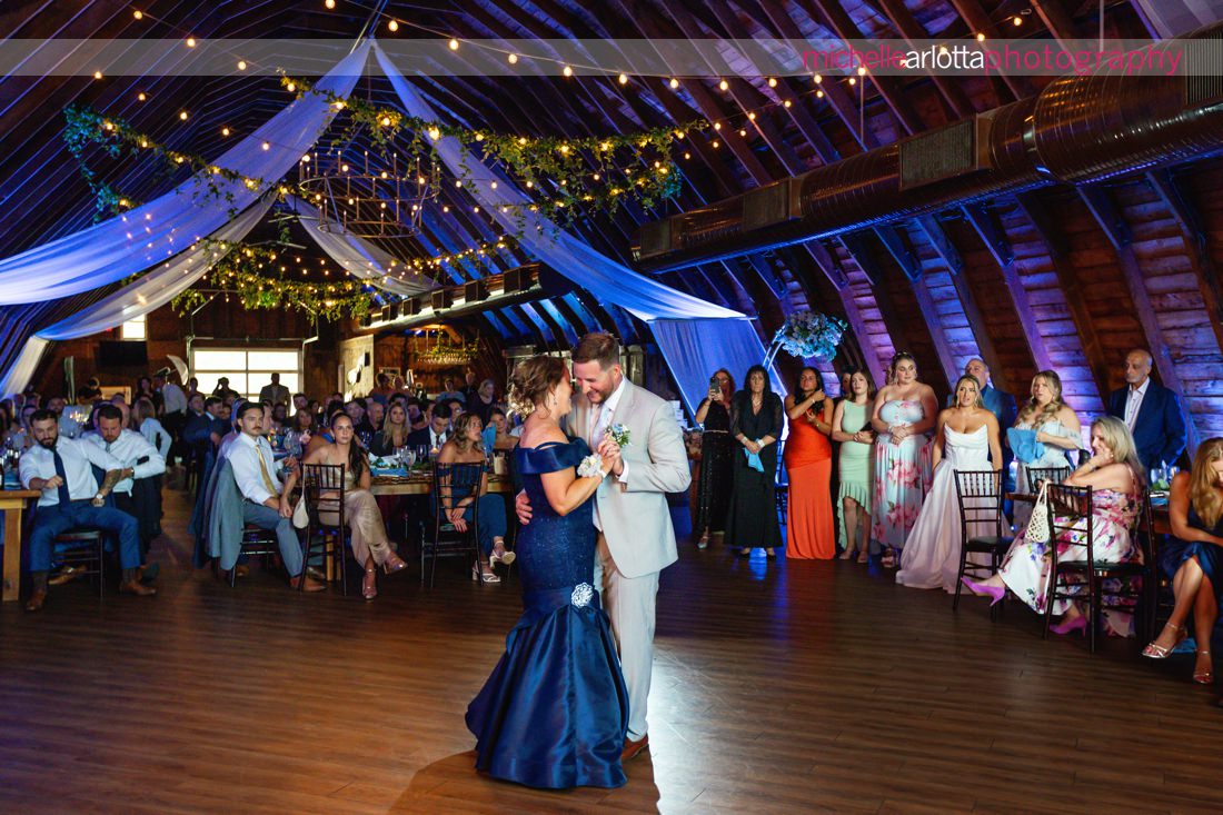 Perona Farms summer wedding reception NJ groom dancing with mother